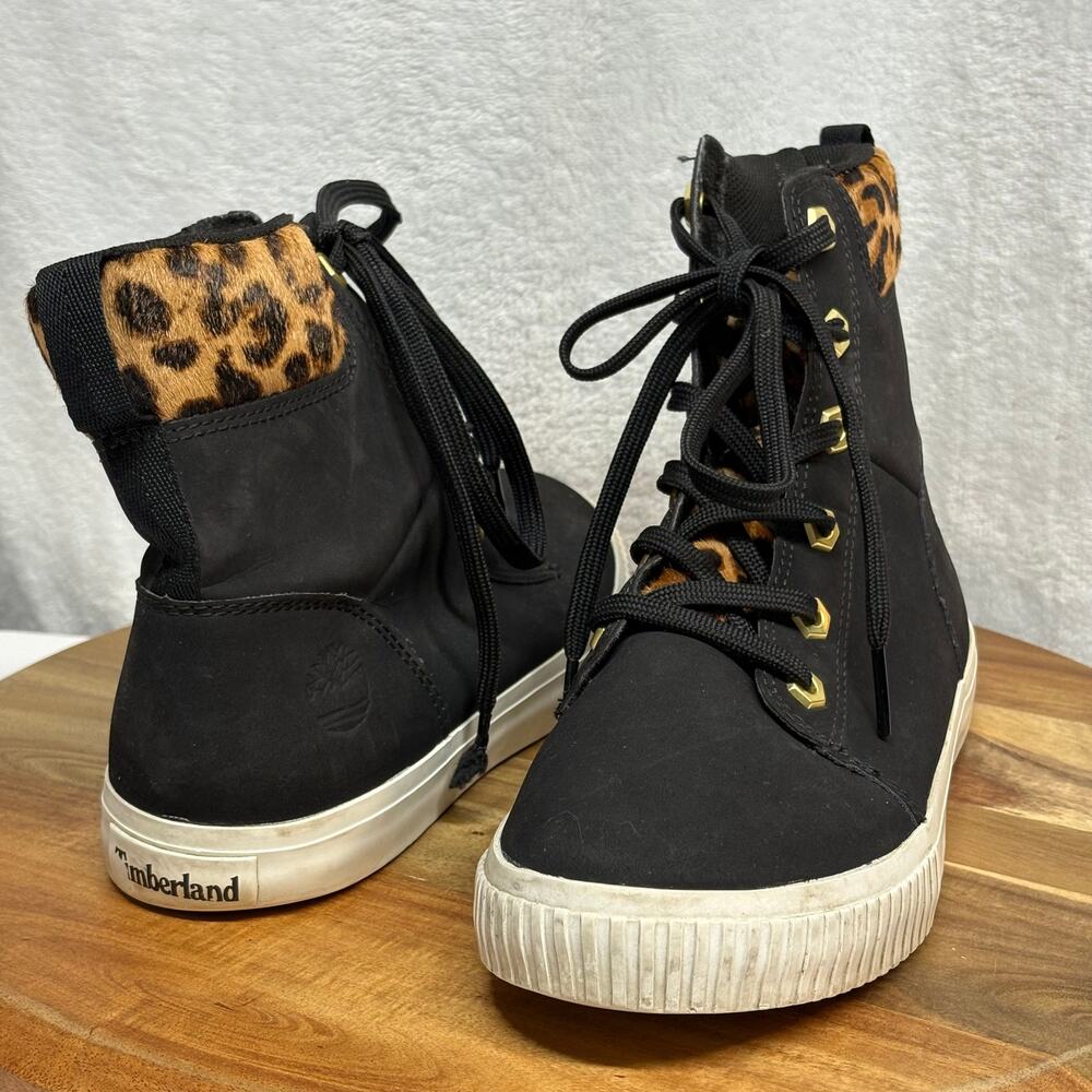 Timberland Skyla Bay 6" Leather Sneaker Boots Shoes Women's Size 7 Black Leopard